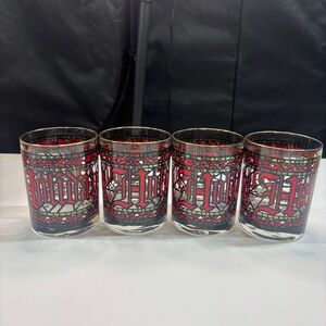 4 Vintage Houze Stained Glass Christmas Happy Holidays 4" Tumblers Glasses